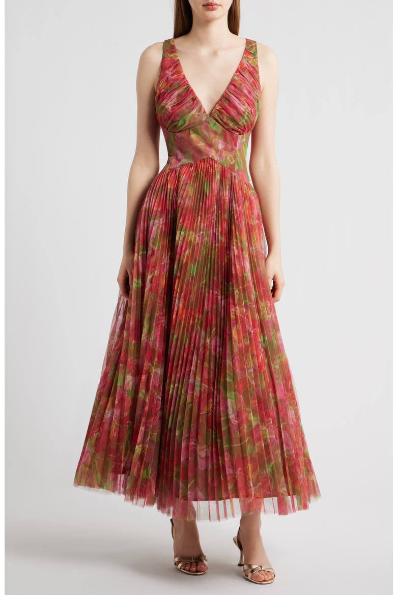 Eliana Floral Pleated Gown, Main, color, PINK/ OLIVE MULTI WATERCOLOR