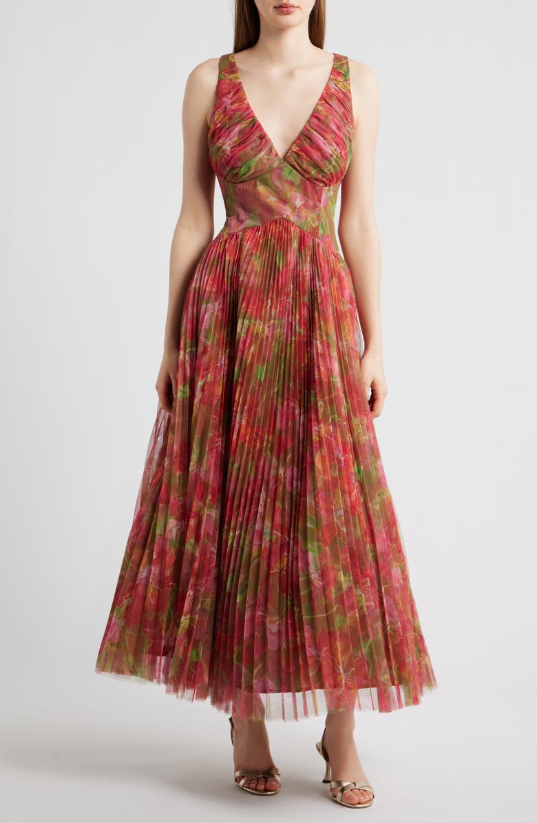 Hutch Eliana Floral Pleated Gown, Main, color, Pink/ Olive Multi Watercolor