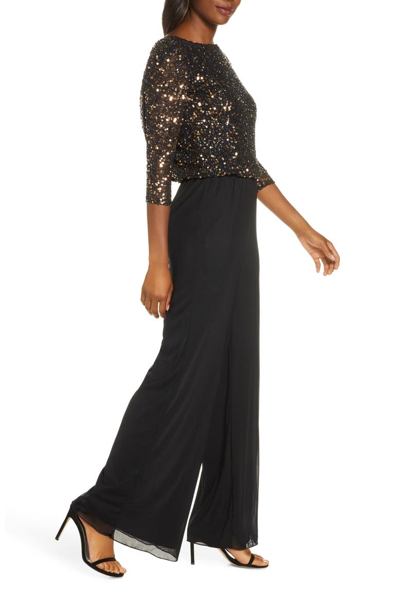 Beaded Cowl Back Jumpsuit, Alternate, color, BLACK/ GUNMETAL