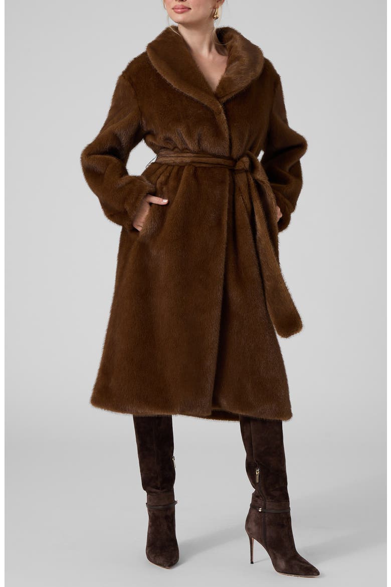 Monique Faux Fur Belted Coat, Main, color, OPEN BROWN