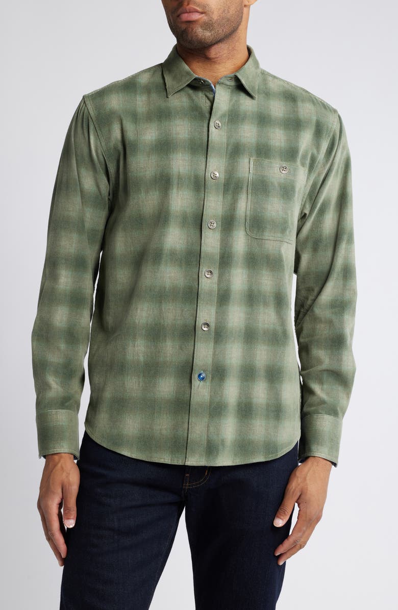 Tommy Bahama Coastline Cord Ombré Check Cordury Button-Up Shirt, Main, color, Army Green