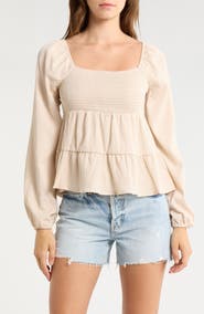 Madden Girl Smocked Tiered Ruffle Babydoll Top