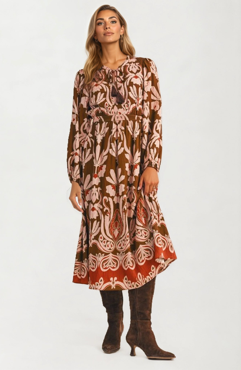 Knit and Lounge Long Sleeve Midi Dress with Tie Neck and Flowing Silhouette, Main, color, Brown