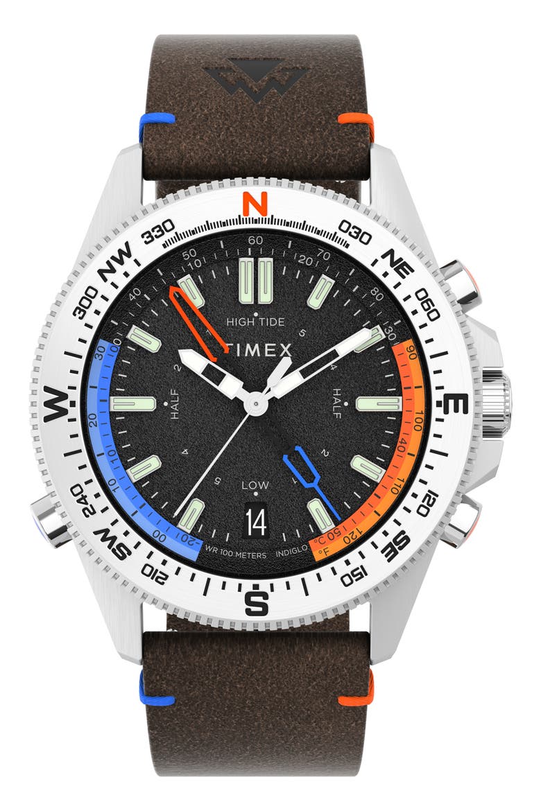 Expedition North® Tide-Temp-Compass Leather Strap Watch, 43mm, Main, color, BROWN