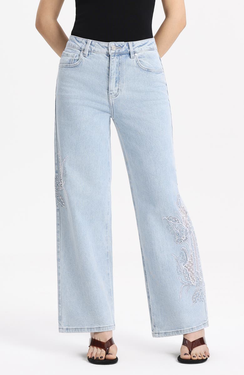Bayeas Embroidered High Waist Relaxed Straight Leg Jeans, Main, color, Light Blue