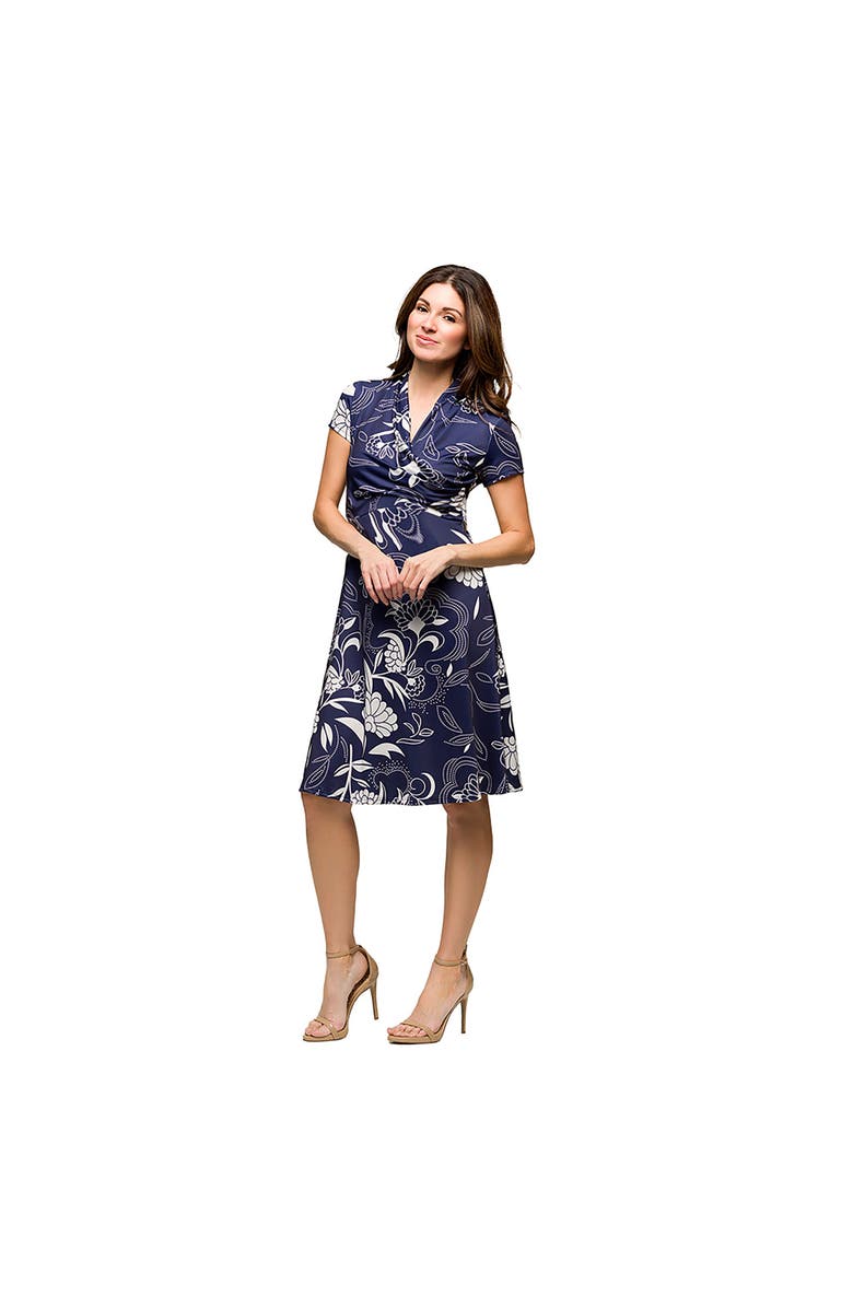24seven Comfort Apparel Maternity Navy Print Short Sleeve Knee Length V-Neck Wrap Dress, Alternate, color, Blue Multi