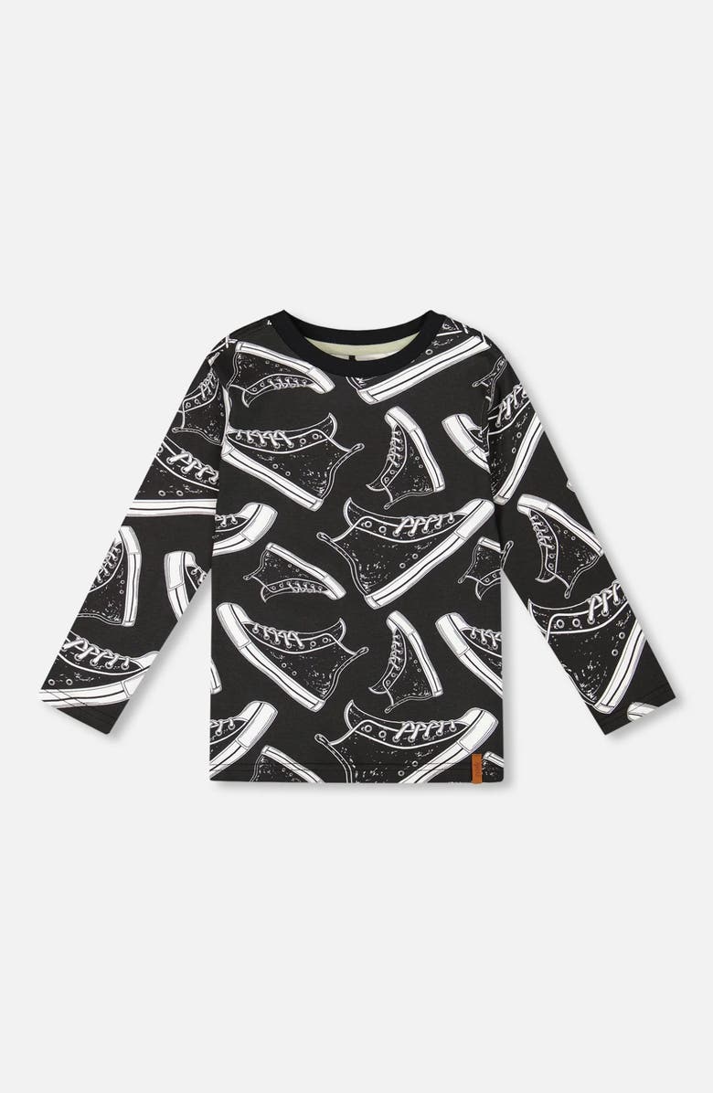 Deux par Deux Long Sleeve Organic Cotton Allover Tee, Main, color, Black