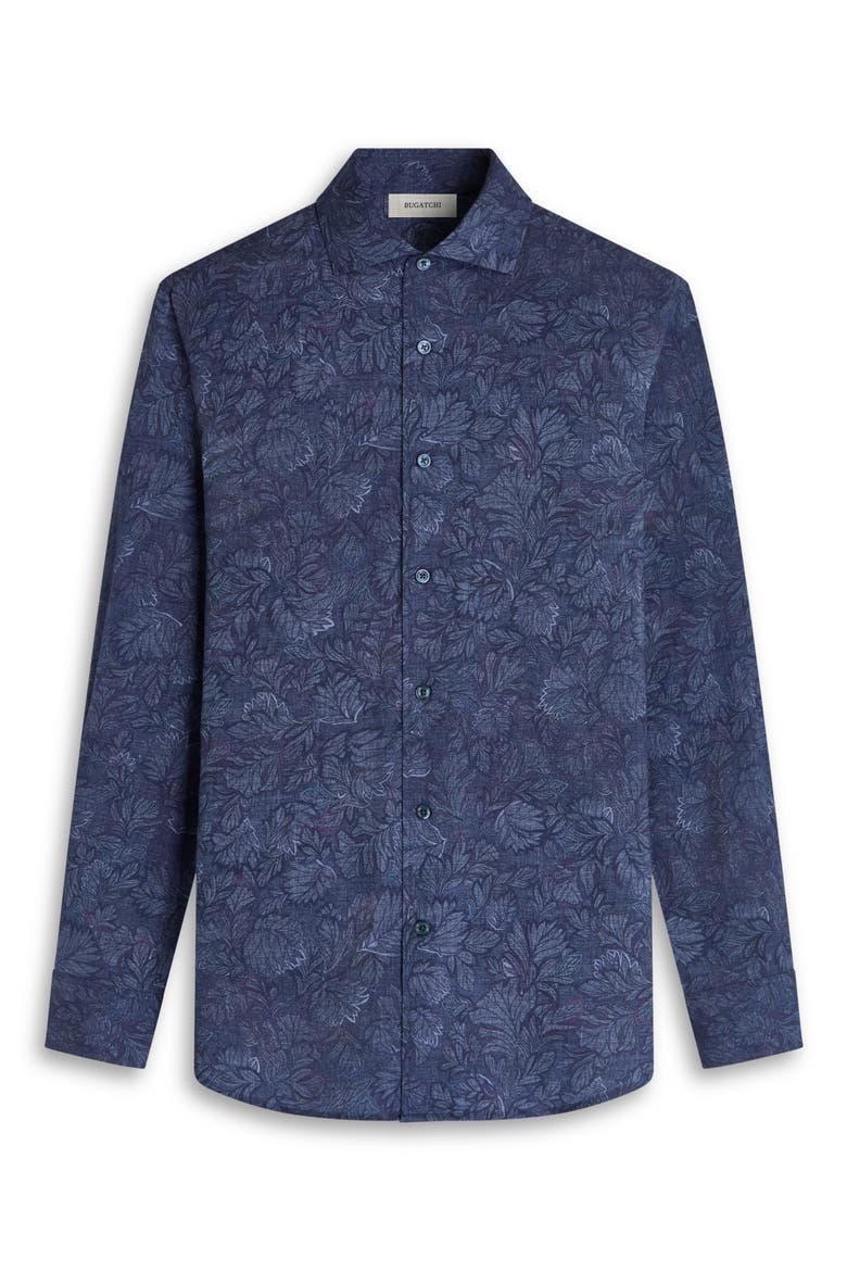 Alvin Shaped Fit Leaf Print Button-Up Shirt, Alternate, color, NIGHT BLUE