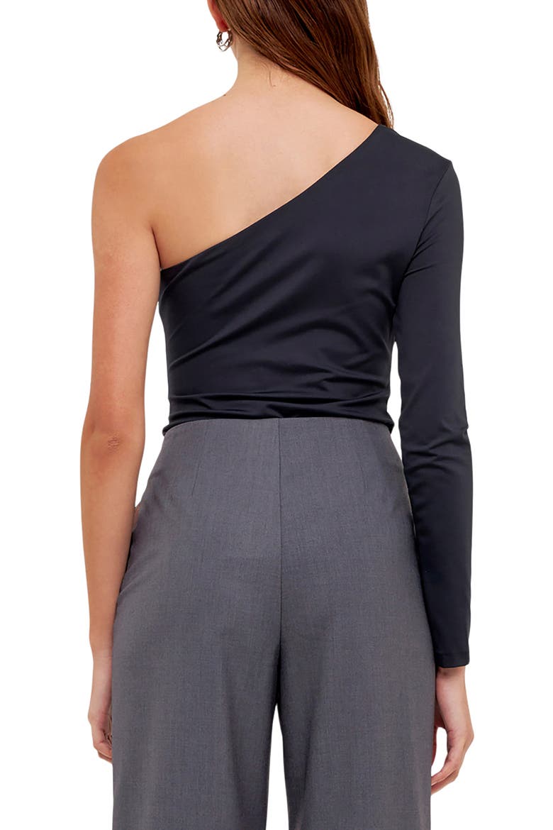 Asymmetric Ruched One-Shoulder Bodysuit, Alternate, color, BLACK