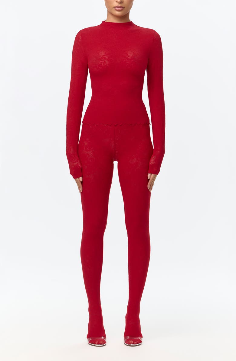 Naked Wardrobe Scalloped Hem Stretch Lace Top, Alternate, color, Ruby Red