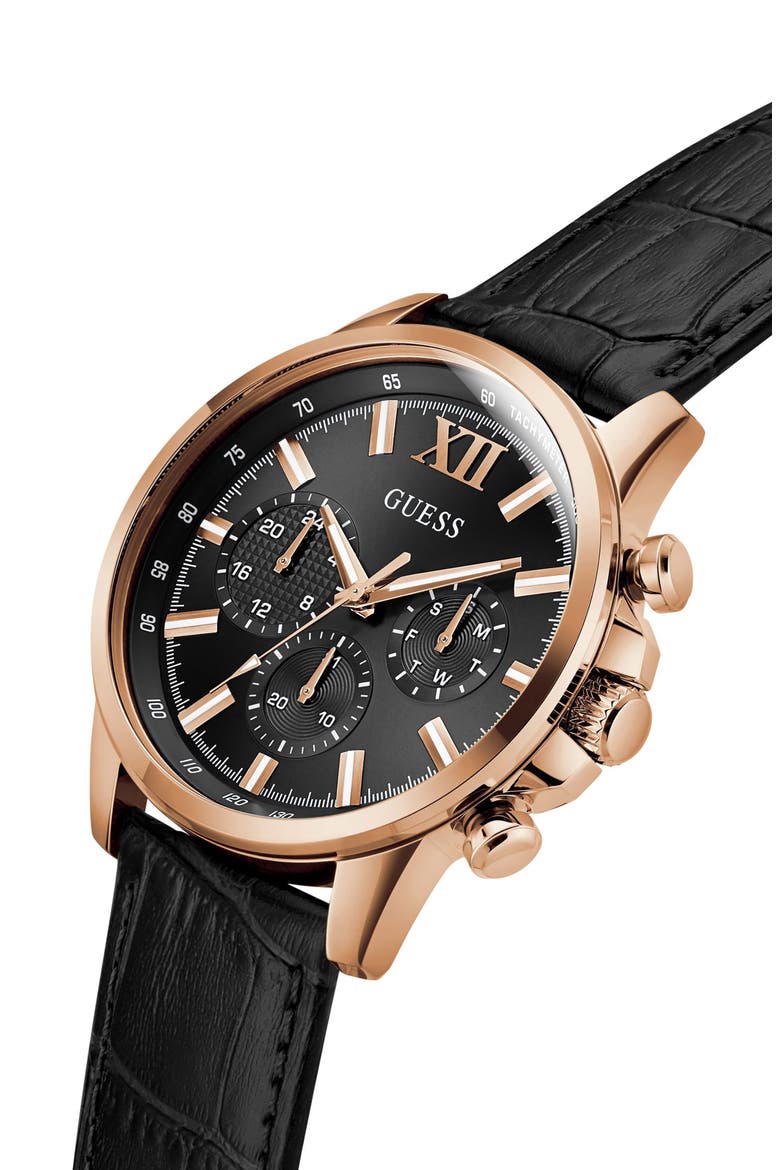 Walker Black Dial Multifunction Leather Strap Watch, 44mm, Alternate, color, BLACK