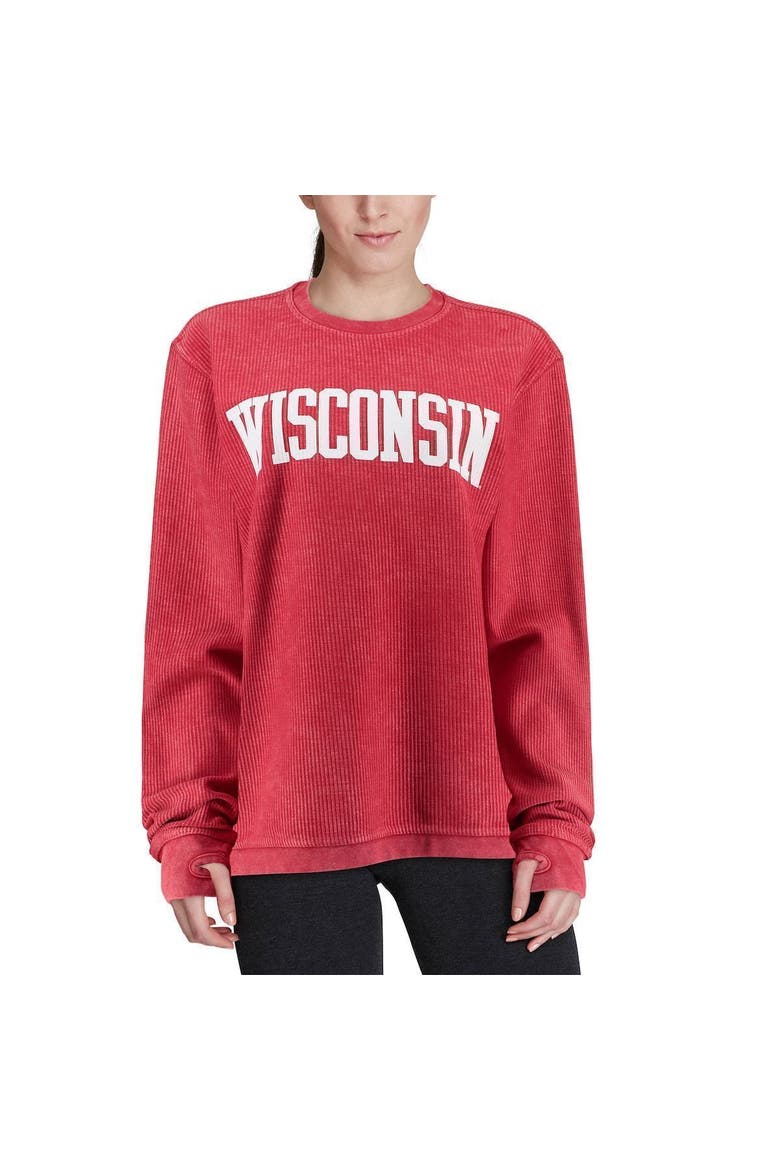 Women's Pressbox Red Wisconsin Badgers Comfy Cord Vintage Wash Basic Arch Pullover Sweatshirt, Alternate, color, RED