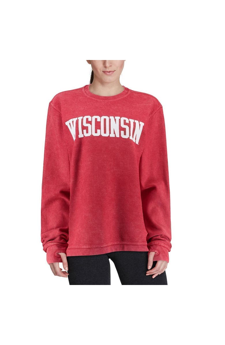 PRESSBOX Women's Pressbox Red Wisconsin Badgers Comfy Cord Vintage Wash Basic Arch Pullover Sweatshirt, Alternate, color, Red