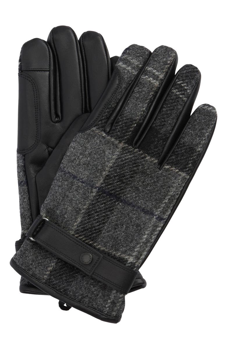 Barbour Newbrough Waterproof Tartan Mixed Media Gloves, Main, color, Black/ Grey