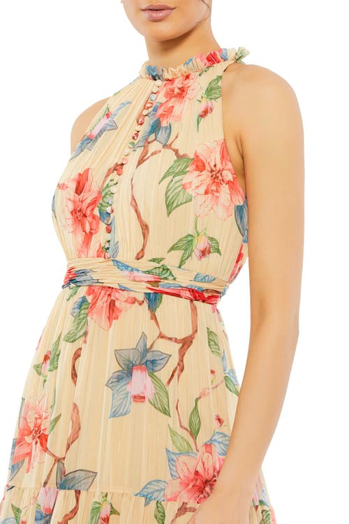 Mac Duggal Floral Button High Neck Maxi Dress In Nude Multi