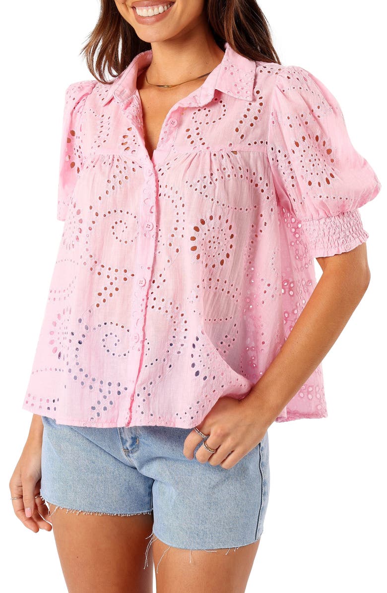 Petal & Pup Janelle Shirred Eyelet Button-Up Top, Main, color, Pink