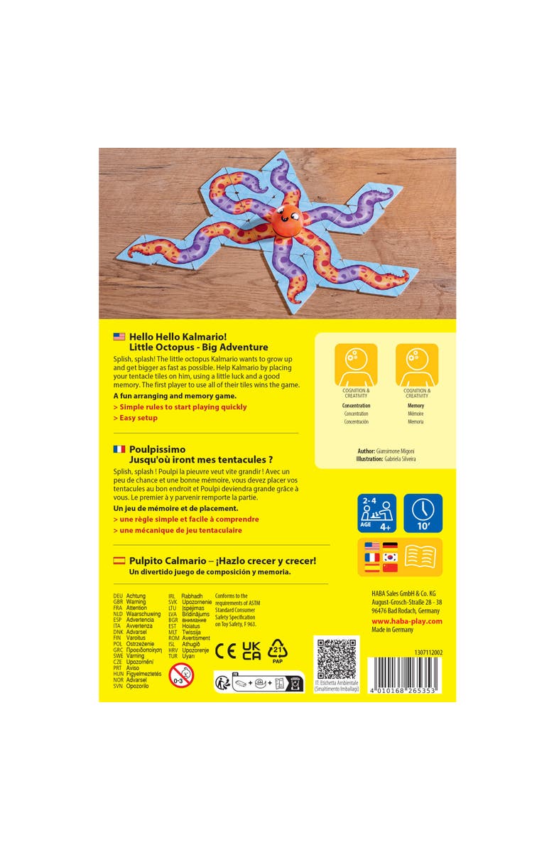 HABA Hello Hello Kalamario Ages 4+ Fun Octopus Toy Board Game for Kids and Puzzle Games - Family Games for Family Game Night and Classroom Games, Alternate, color, Yellow Multi