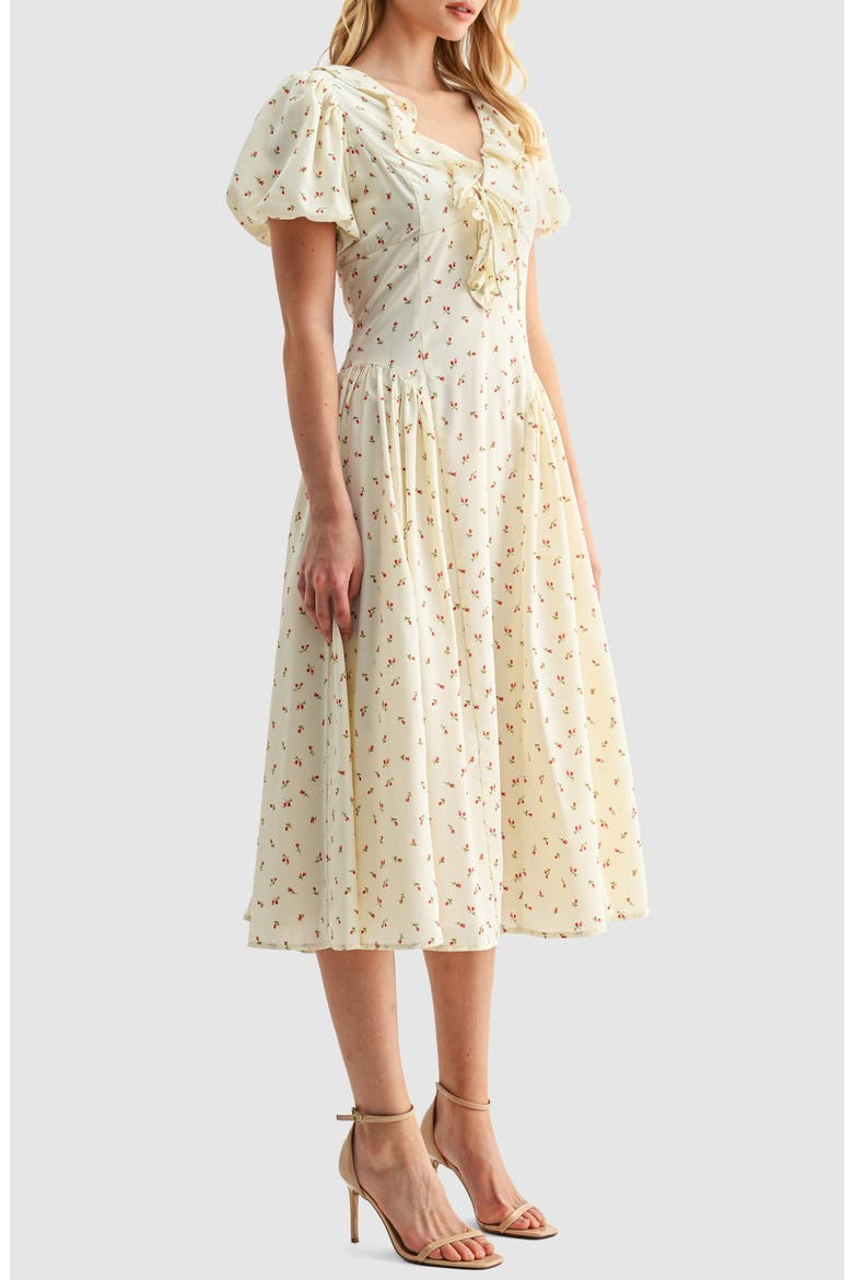 Ruffle Puff Sleeve Midi Dress, Alternate, color, CREAM RED DITSY