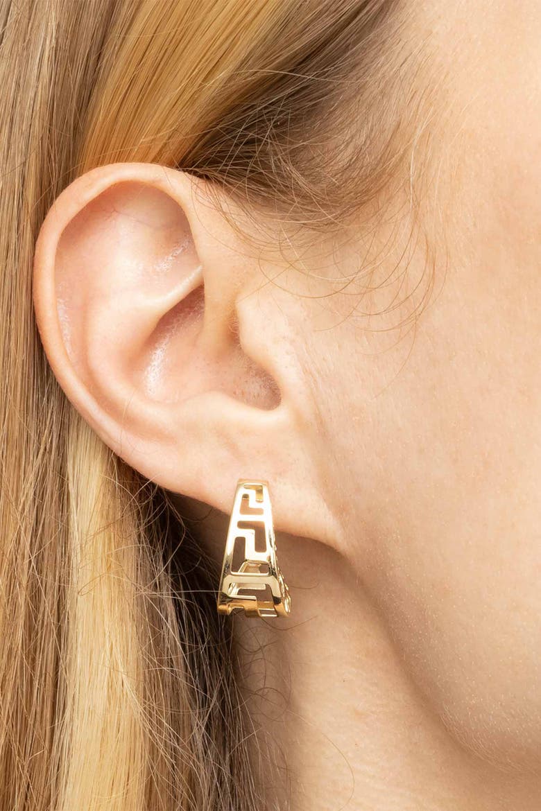 14K Yellow Gold Greek Key Huggies, Alternate, color, Yellow Gold