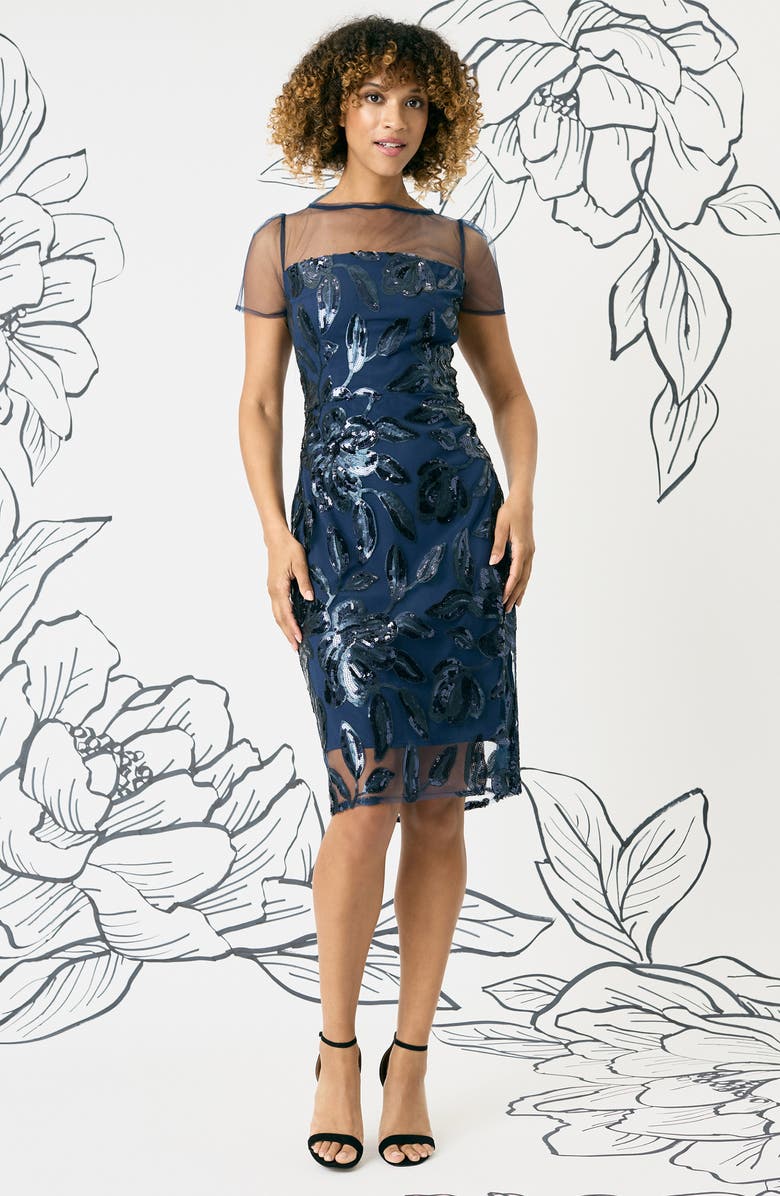 Maggy London Sequin Mesh Yoke Sheath Dress, Alternate, color, 