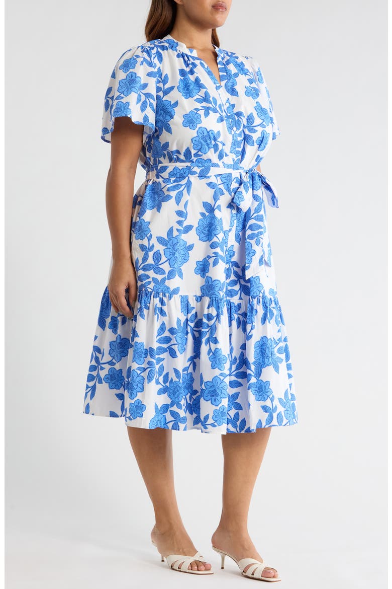 Glantis Floral Cora Button Midi Dress, Alternate, color, WHITE-BLUE-MULTI
