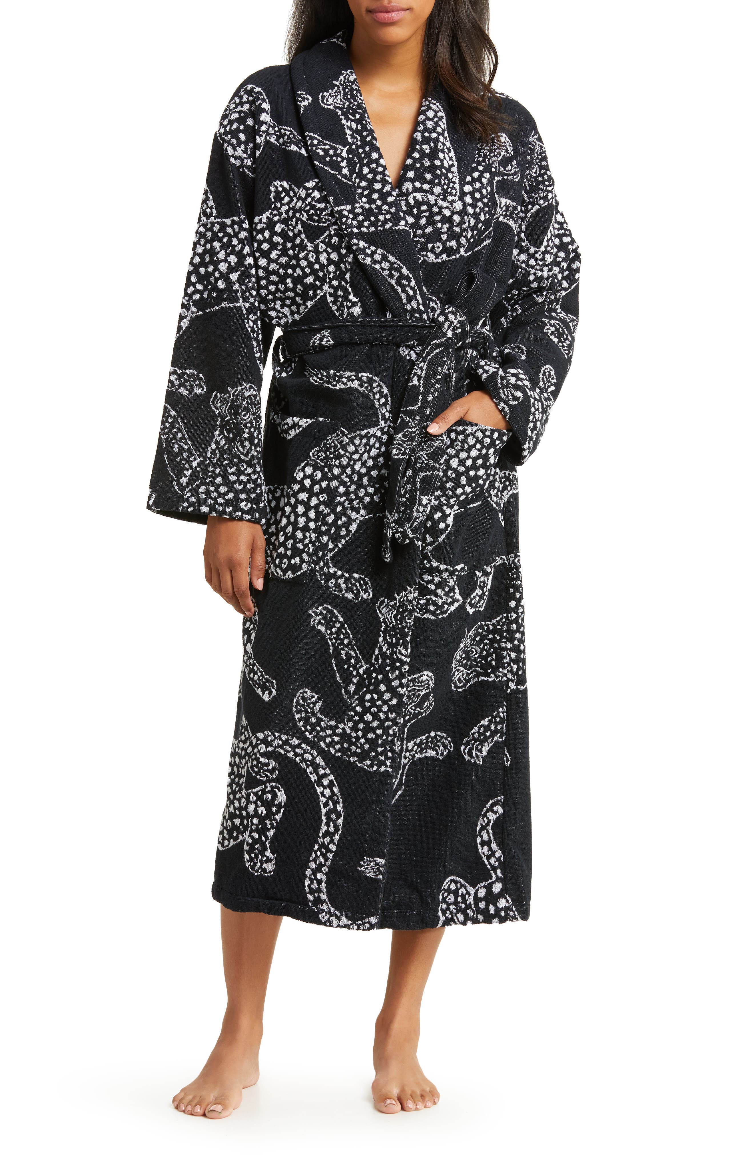 Desmond & Dempsey Print Terry Cloth Robe in Jag Black 