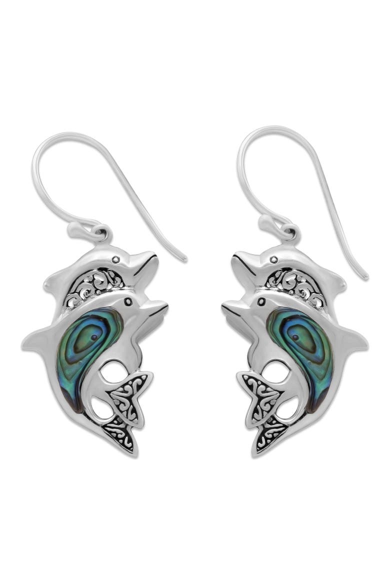 Sterling Silver Abalone Dolphin Drop Earrings, Main, color, GREEN AND BLUE