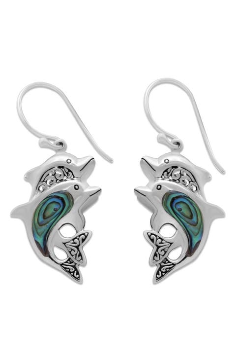 Sterling Silver Abalone Dolphin Drop Earrings