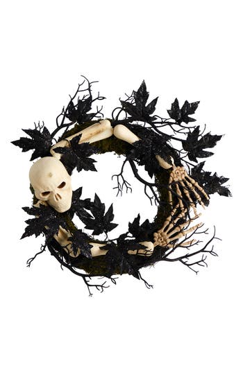 Nearly Natural Halloween Skull & Bone Wreath In Black