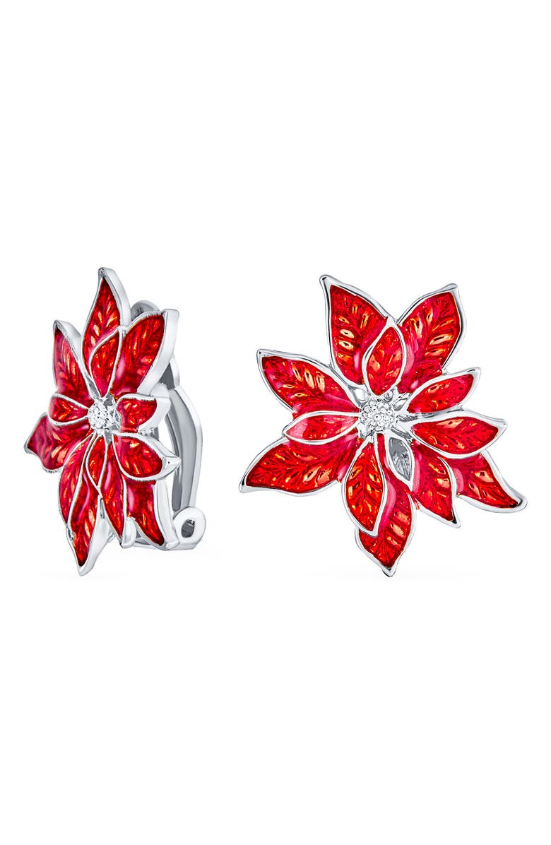 BLING JEWELRY Enamel Pointsettia Clip-On Earrings, Alternate, color, Silver