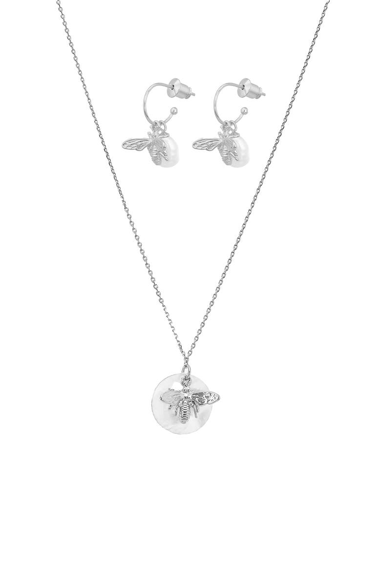 Sterling Silver 18k Gold Plated Bee Pearl Necklace & Earring Set Dainty, Main, color, Silver