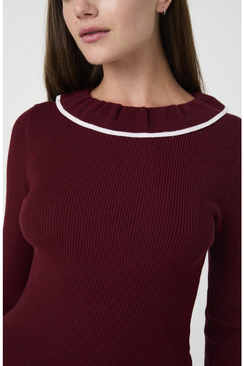 Ruffle Neck Ribbed Sweater, Alternate, color, BURGUNDY/ WHITE