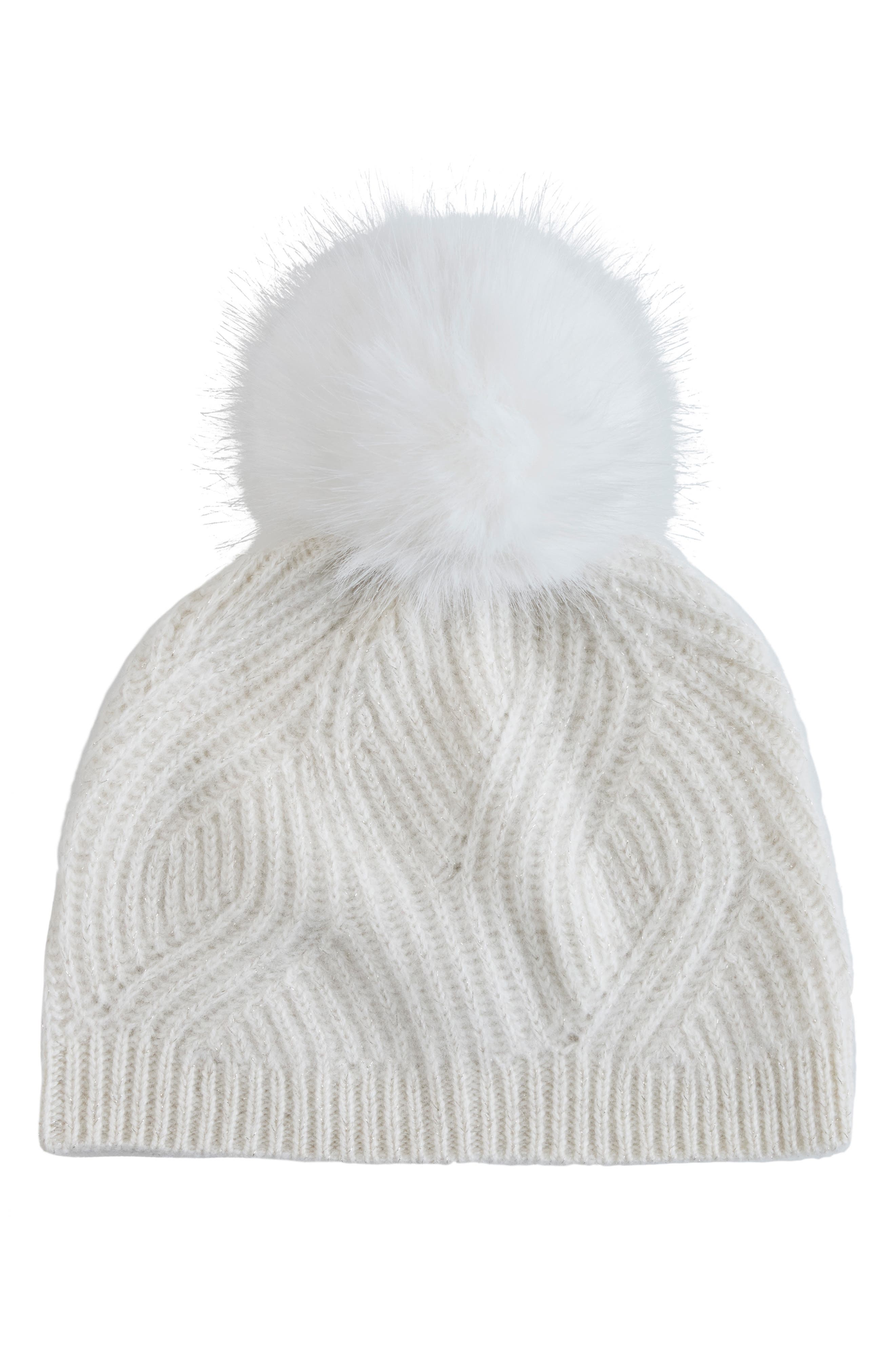 Wave Rib Beanie with Faux Fur Pom