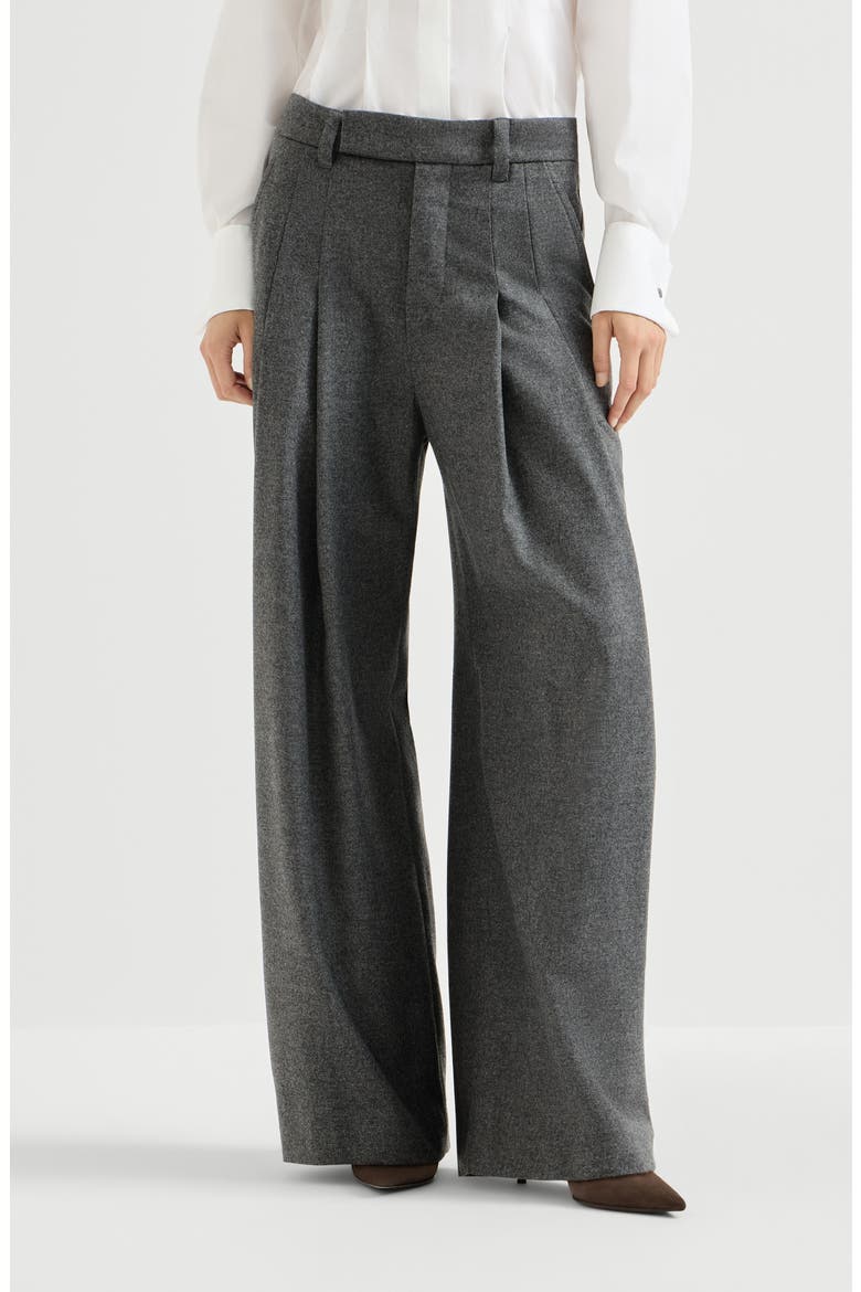 Virgin wool and cashmere twill flannel pleated barrel trousers with monili, Main, color, Stone Grey