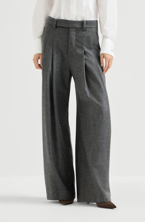 Virgin wool and cashmere twill flannel pleated barrel trousers with monili