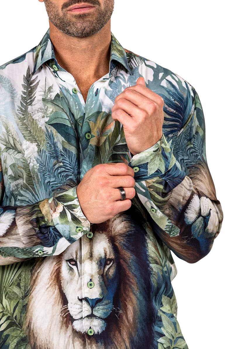 Maceoo Fibonacci Marthyr 0324 Lion Print Contemporary Fit Button-Up Shirt, Alternate, color, Green