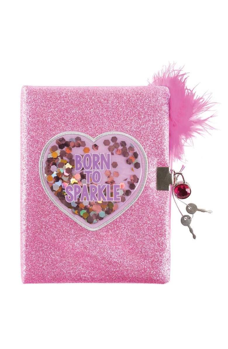Three Cheers For Girls Born To Sparkle Glitter Locking Journal Pink W/ Matching Pom Pen, Alternate, color, Pink