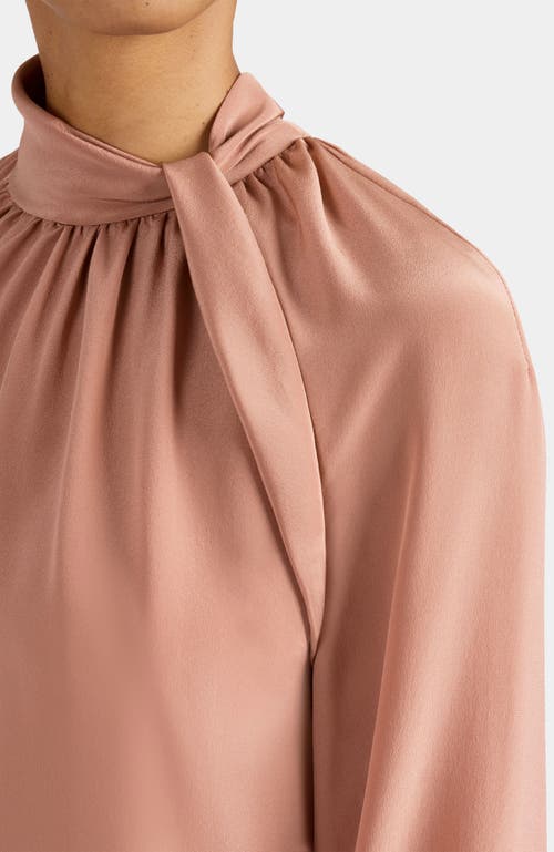 Santorelli Dakota Silk Mock Neck Blouse With Long Lantern Sleeves In Brown