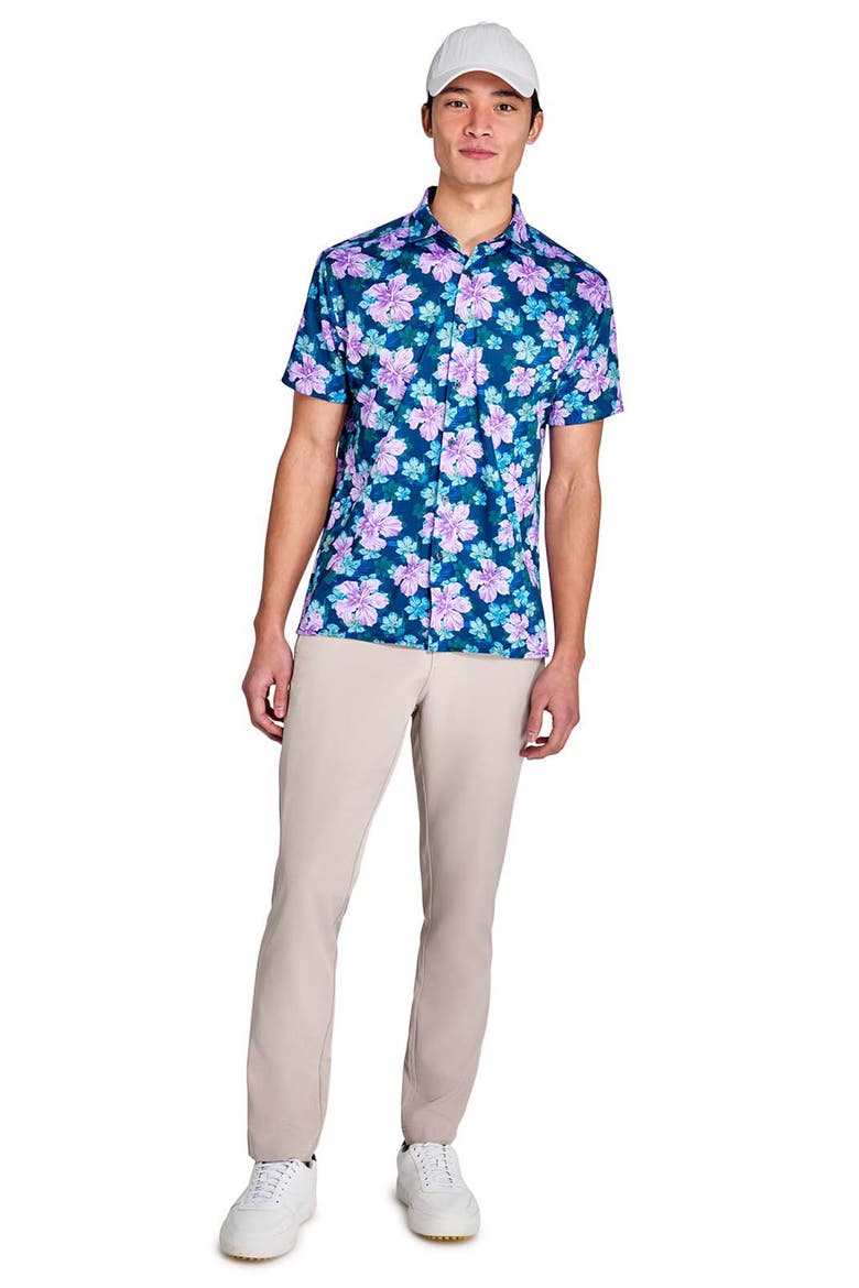 Regular Fit Layered Hibiscus Recycled Performance Golf Button-Down Shirt, Alternate, color, NAVY/PURPLE