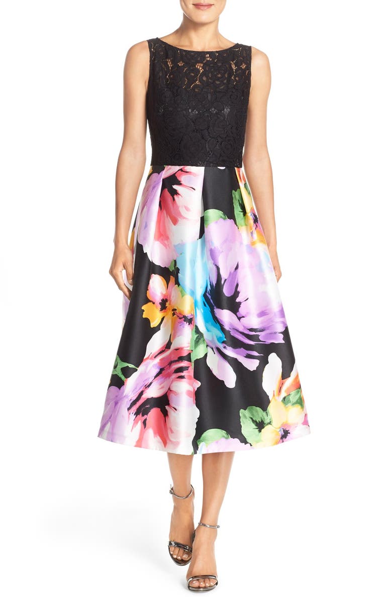 Ellen Tracy Mixed Media Fit & Flare Midi Dress, Main, color,