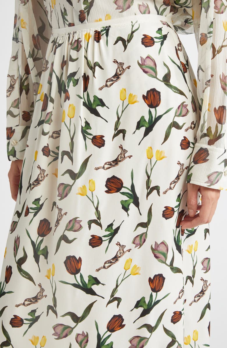 Marni Tulips & Hares Ruffle Hem Crepe Back Satin Midi Skirt, Alternate, color, Limestone