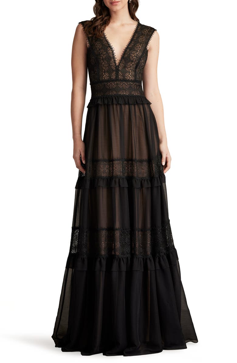Tadashi Shoji Sleeveless Tiered Lace & Tulle Gown, Main, color, 