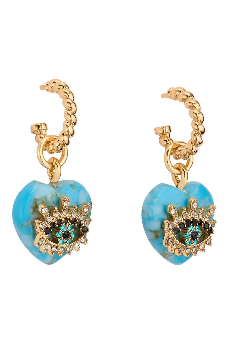 Evil Eye & Heart Drop Hoop Earrings, Alternate, color, TURQUOISE