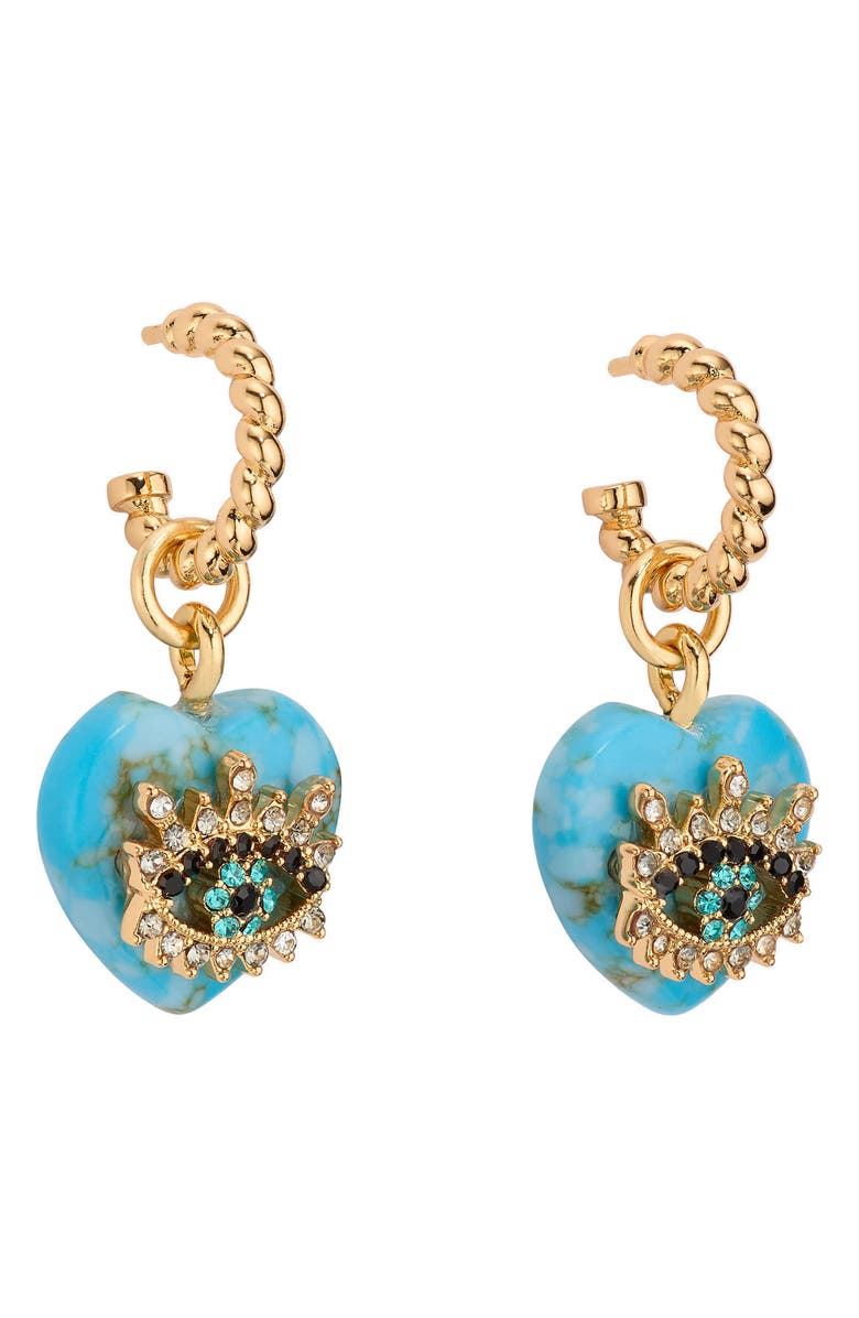Kurt Geiger London Evil Eye & Heart Drop Hoop Earrings, Alternate, color, Turquoise