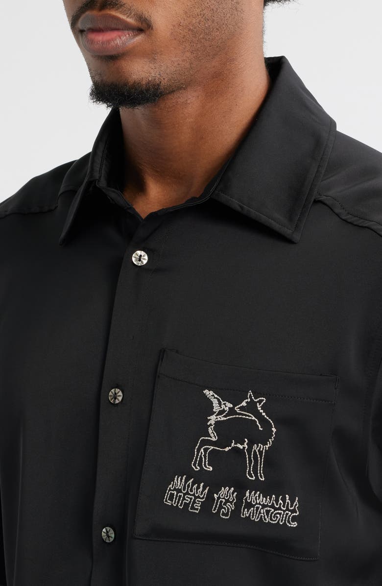 JUNGLES Life Is Magic Short Sleeve Button-Up Shirt, Alternate, color, Black