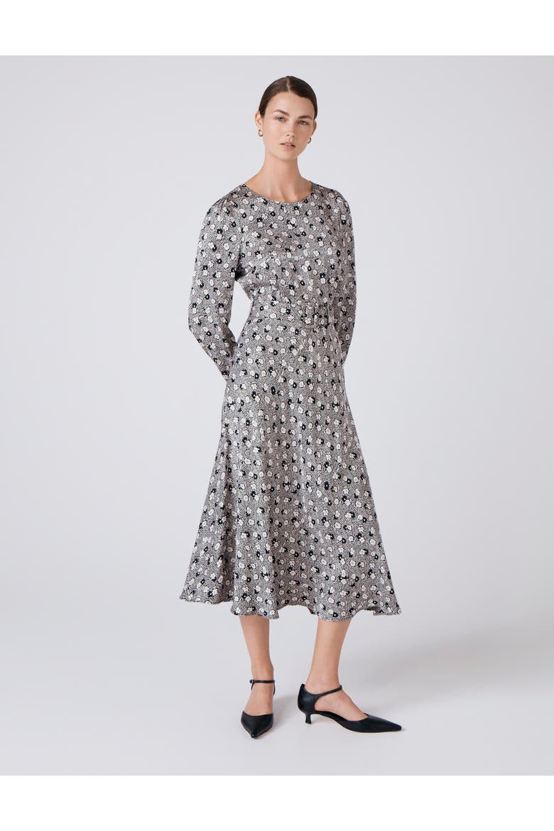 Sophia Floral Satin Midi Belted Dress, Main, color, Black Daisy