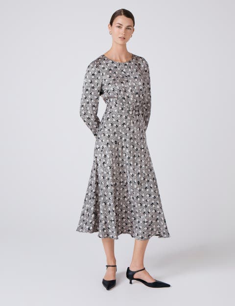 Sophia Floral Satin Midi Belted Dress