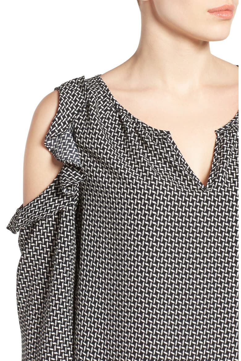 Gibson Ruffled Cold Shoulder Blouse, Alternate, color, BLACK/ NATURAL PRINT