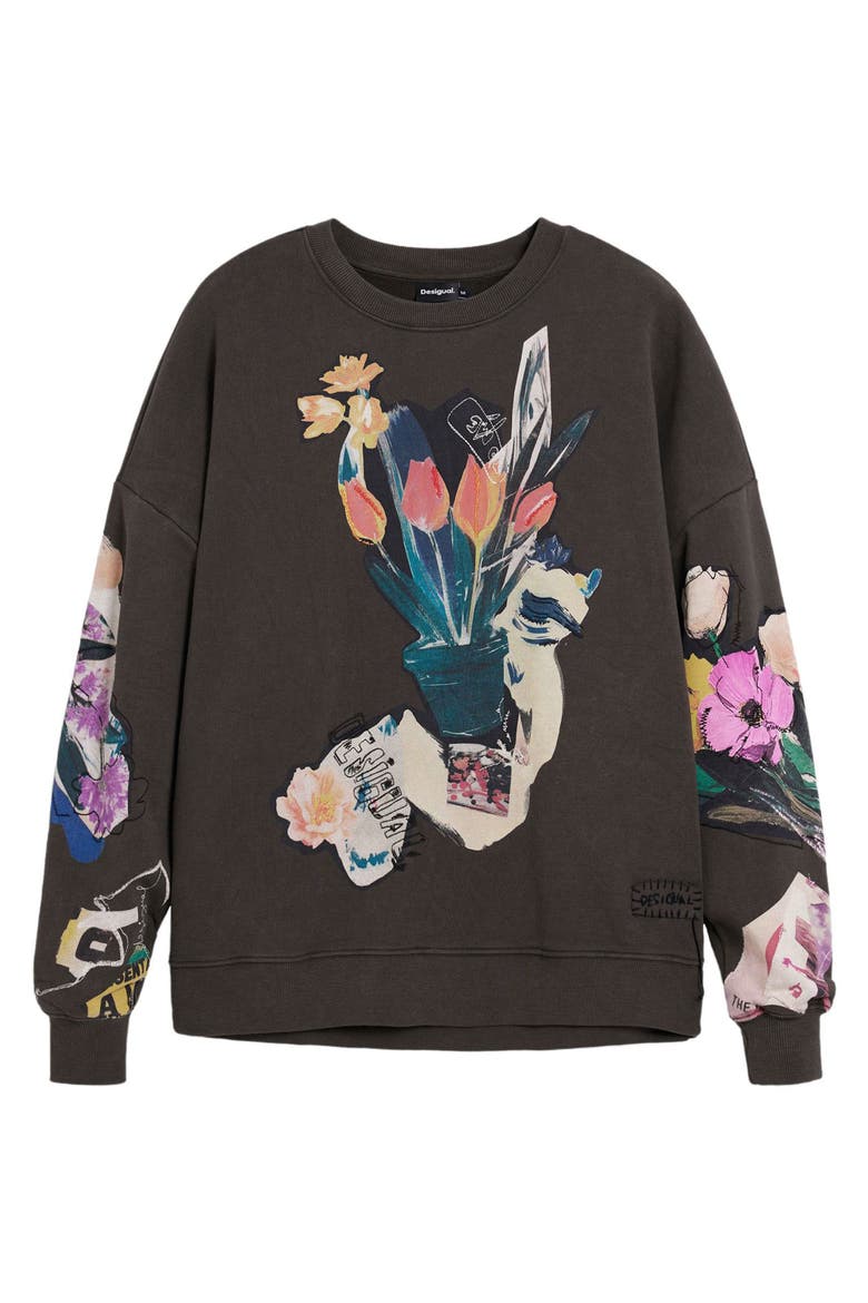 Abstract Floral Cotton Graphic Sweatshirt, Alternate, color, DARK GREY