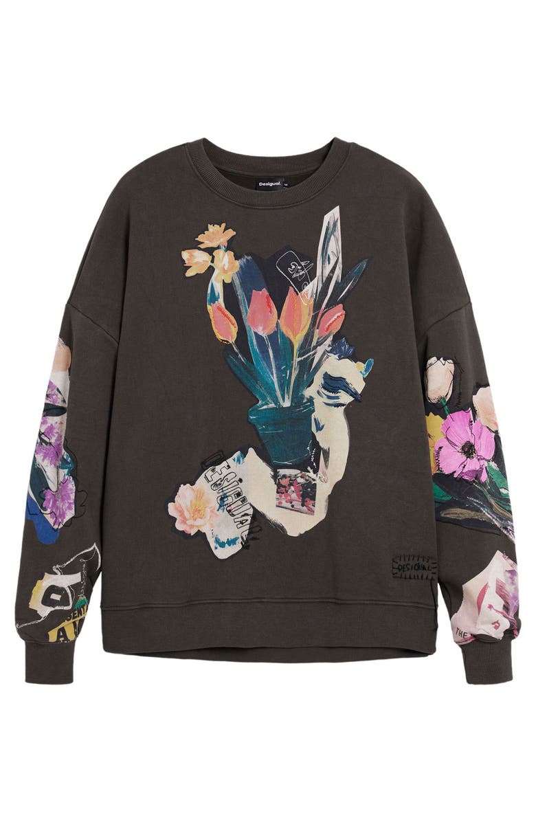 Desigual Abstract Floral Cotton Graphic Sweatshirt, Alternate, color, Dark Grey